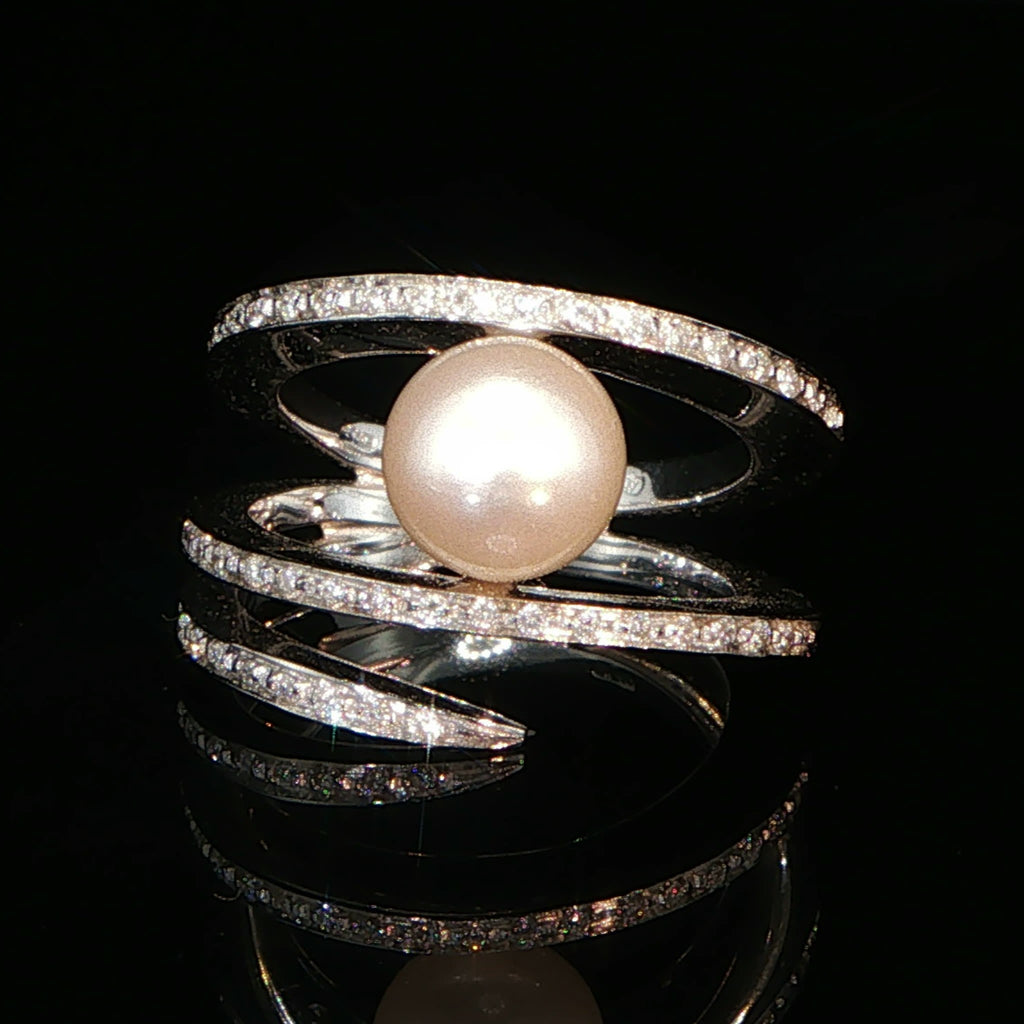 Bague Cocktail Spirale en Or Blanc et Perle