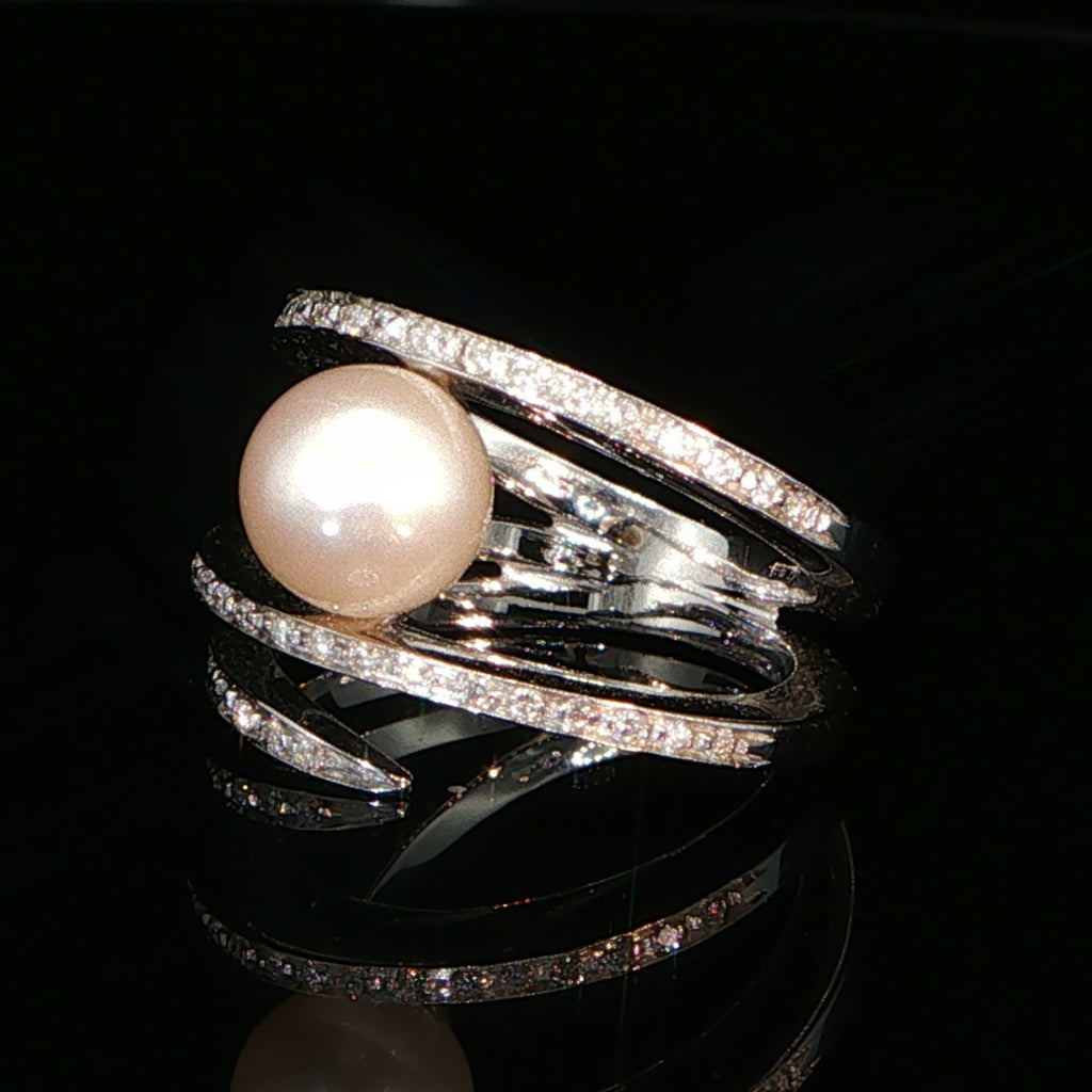 Bague Cocktail Spirale en Or Blanc et Perle