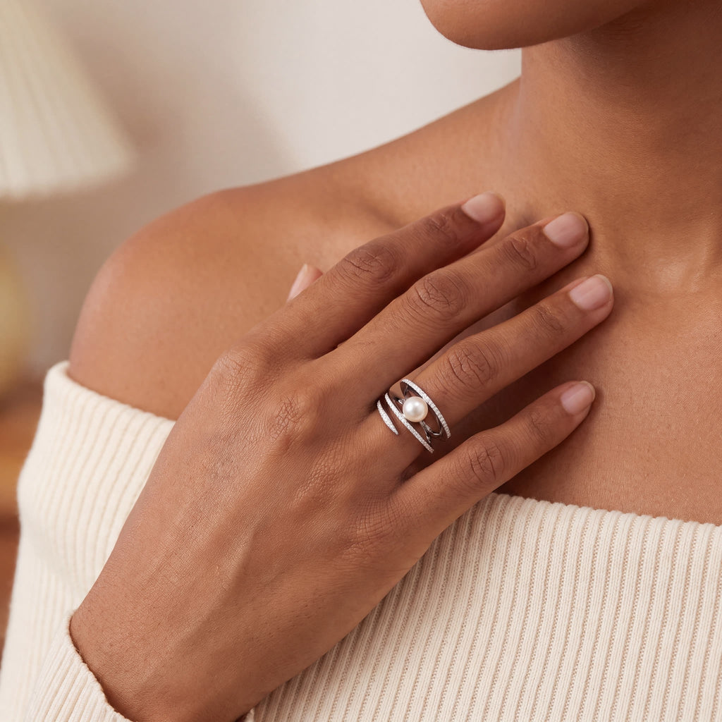 Bague Cocktail Spirale en Or Blanc et Perle