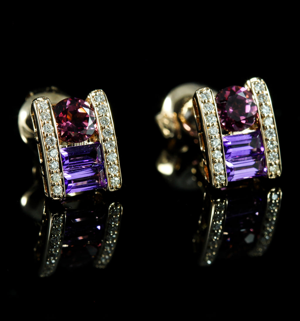 Boucles d’oreilles Amethystes et Rhodolites