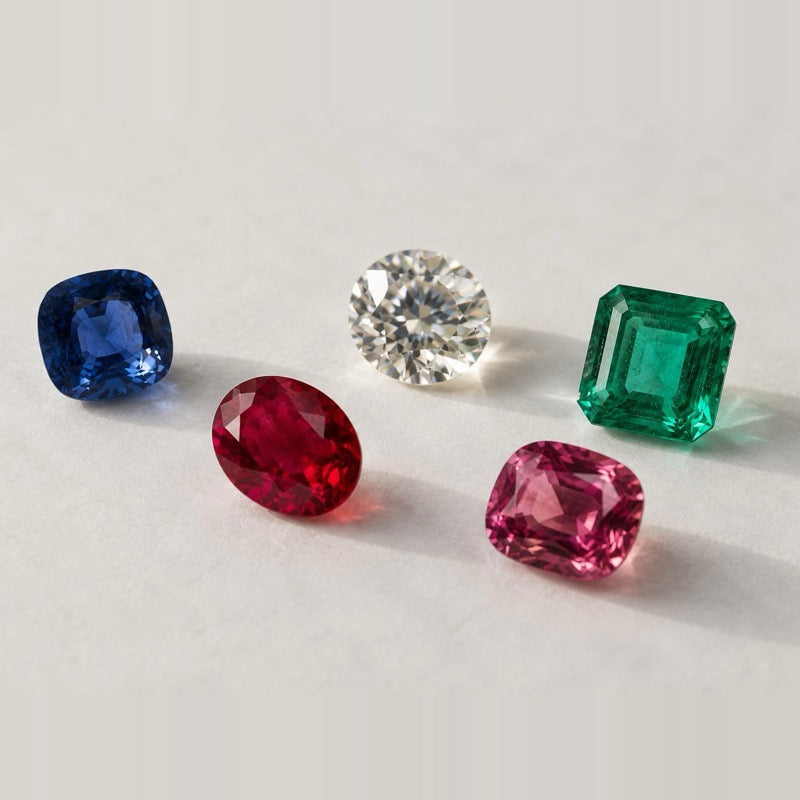 Saphir, diamant, émeraude, rubis et pierre rose posés côte à côte
