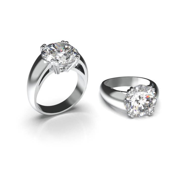 Rendu 3D d'une bague solitaire diamant, vue de face et de profil